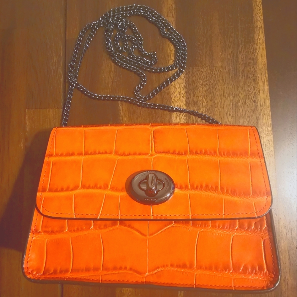 Orange Croc-Embossed Chain Bag